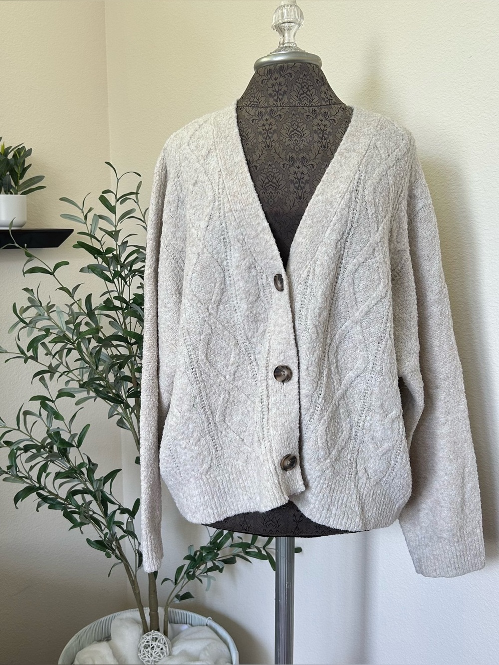 Auden Cable Knit Button-Front Cardigan - Light Taupe